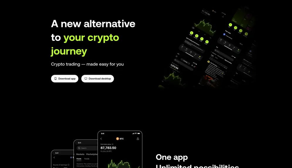 OKX official download page with the headline A new alternative to your crypto journey and two buttons, Download app and Download desktop