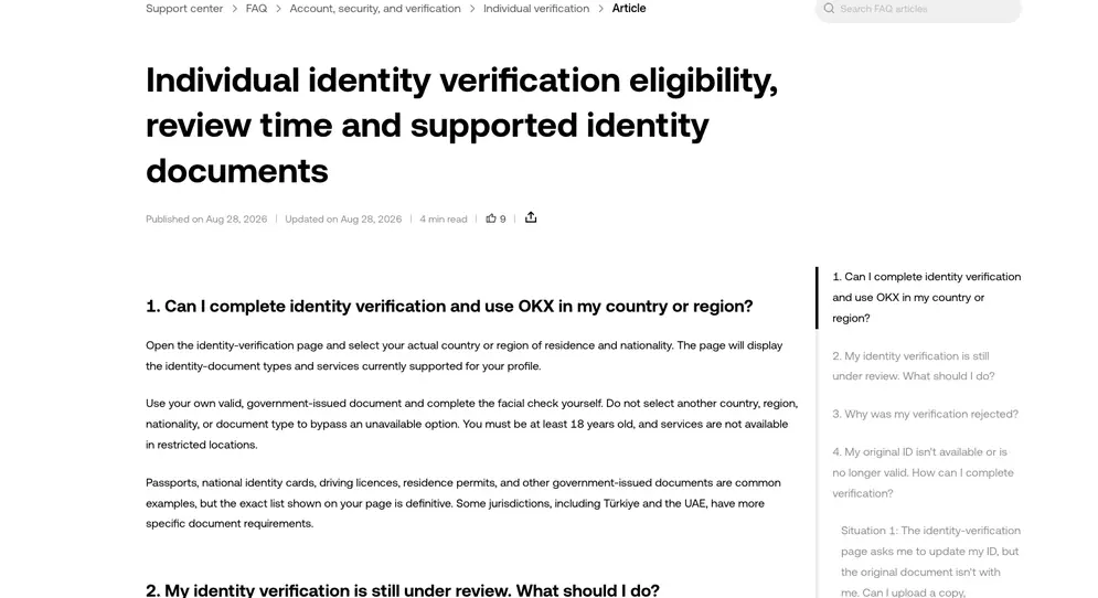 OKX Support Center article Individual identity verification eligibility, review time and supported identity documents, first section about choosing country or region of residence and nationality
