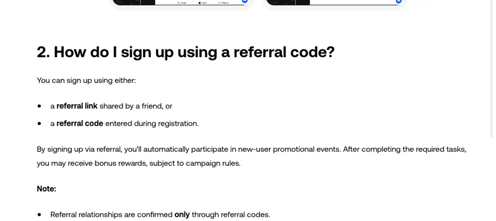 OKX Support Center section How do I sign up using a referral code, saying you can use a referral link or a referral code entered during registration, and that referral relationships are confirmed only through referral codes