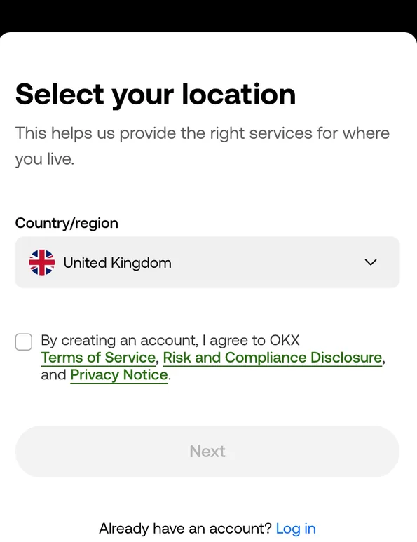 OKX Select your location screen in a mobile browser, showing the Country/region dropdown, the terms checkbox and the Next button